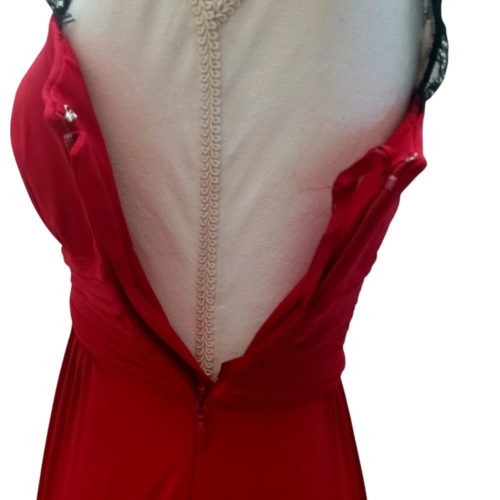 BCBG Maxazria Quenby Red Maxi gown with rouching and black lace. XS - Picture 6 of 10